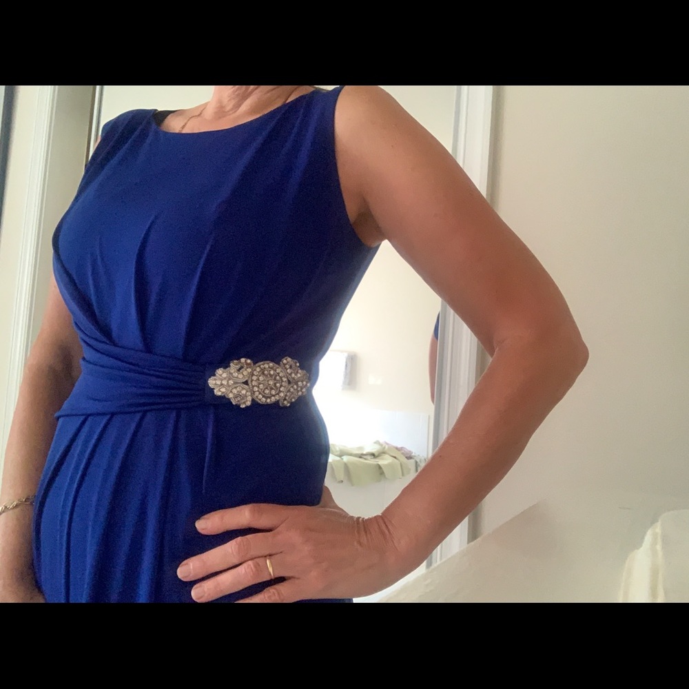 Royal blue long dress, slit on back, silver detail on side/waist.